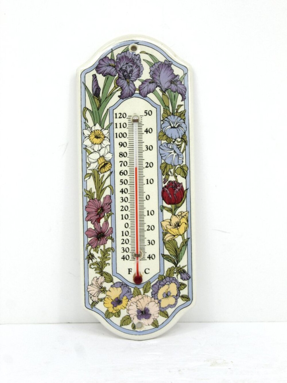 CERAMIC FLORAL THERMOMETER; 11 1/8" X 4 3/8" WORKS!